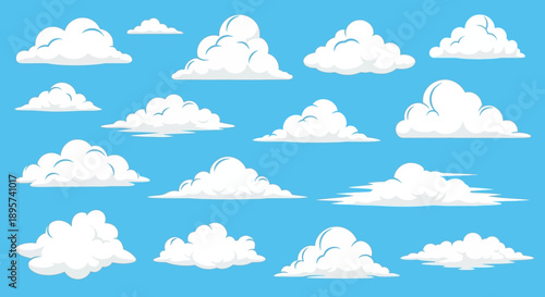 Fluffy Clouds Collection on Blue Sky Background