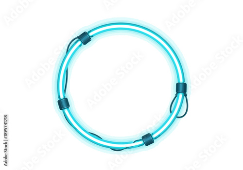 A glowing blue neon circle with cables and connectors on a white background viewed from directly above.