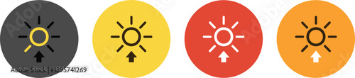 Brightness control icon set with sun symbols in colored circles display adjustment user interface vector illustration isolated