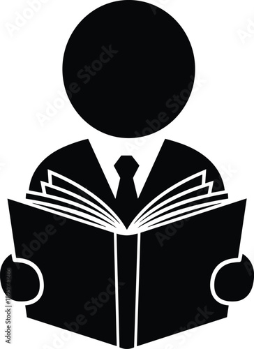 Black Vector Silhouette of a Professional Person Reading an Open Book for Education Knowledge and Learning Design Concepts