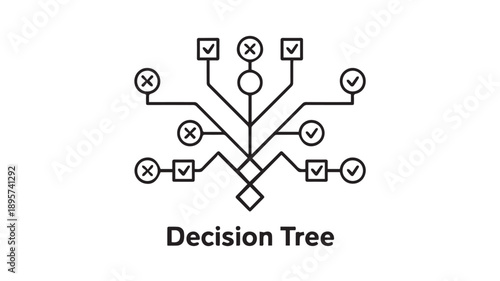 Minimalist black and white digital illustration depicting a branching decision tree diagram for logical process analysis, evaluation, and choice selection in strategic planning