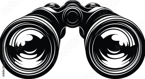 Black Vector Silhouette of Professional Field Binoculars Featuring a Sleek Design and Realistic Lens Detail Isolated on White Background,