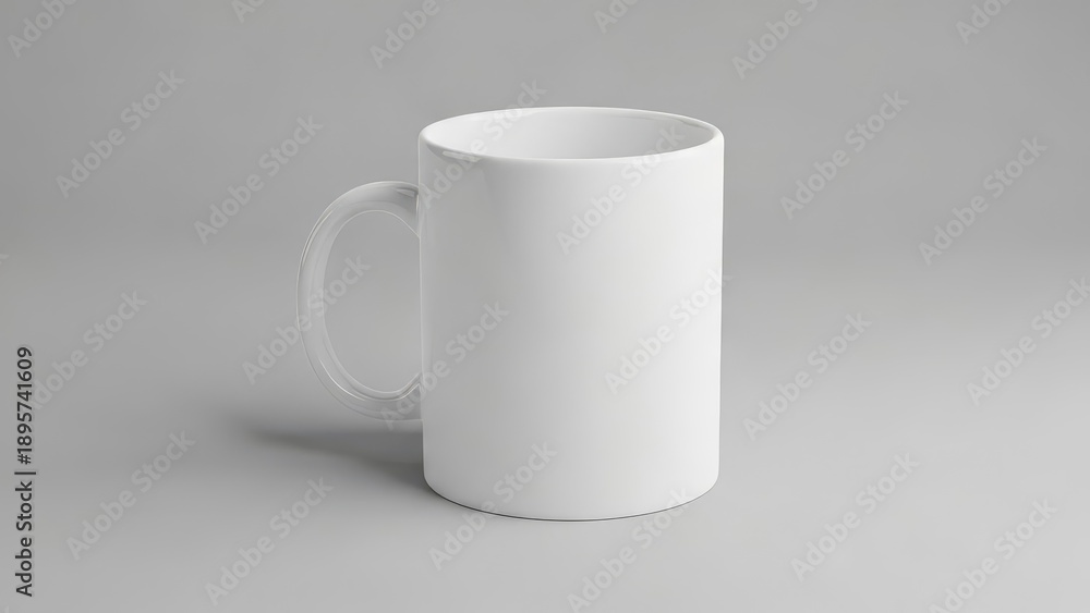 Obraz premium A plain white ceramic mug sits on a plain grey surface, casting a soft shadow.