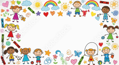 Kids drawing frame with happy children