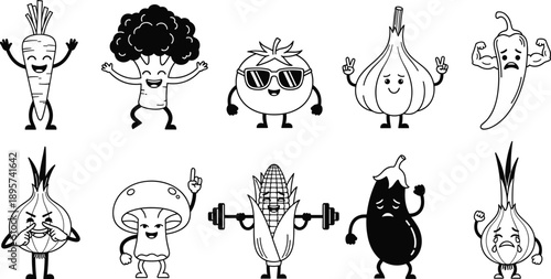Black and white line art cartoon set featuring cute vegetable characters including a carrot broccoli tomato garlic chili onion mushroom corn and eggplant for coloring