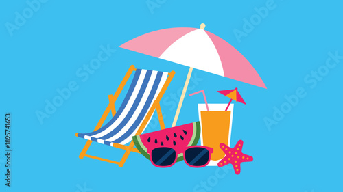 Summer beach vacation items including a striped deck chair, pink sunglasses, fresh watermelon, orange juice