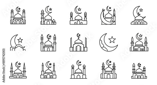 Collection of Mosque Icons with Crescent Moon.
