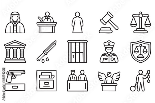 Law and justice outline icons for legal system and court concepts