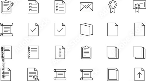 Document file line icon set with checklist envelope folder certificate and paperwork symbols vector illustration isolated