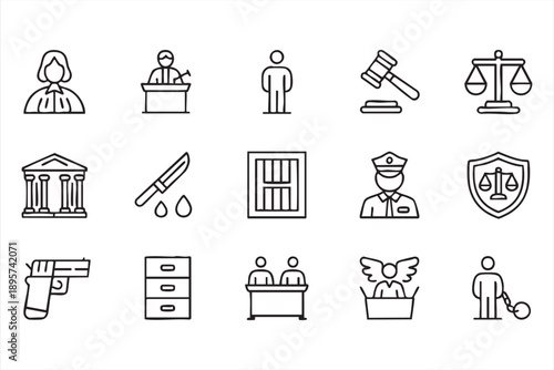 Black and white law icons for legal services and education