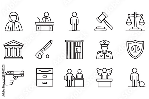 Legal system line icons for law firms and legal platforms