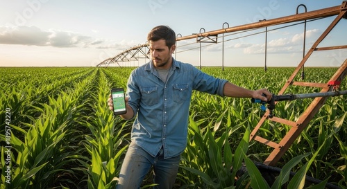 Farmer Inspecting Cornfield with Tablet and Irrigation System.
