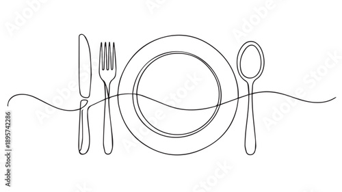 Elegant continuous line art drawing of a minimalist dinner table setting featuring a plate, fork, knife, and spoon, perfect for culinary concepts and restaurant branding