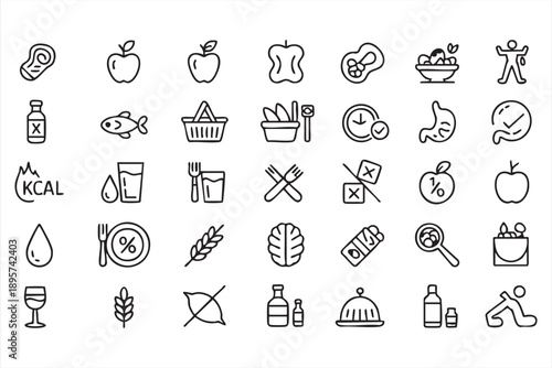 Food and wellness vector icons in clean black and white style