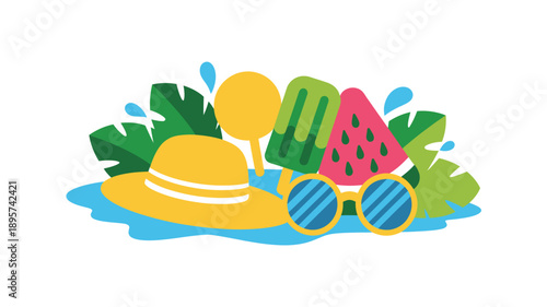 Summer objects composition, beach vacation flat design, straw hat, sunglasses, ice cream, watermelon with water splashes