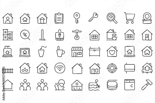 Real estate line icon set for property sale, rent, and housing design