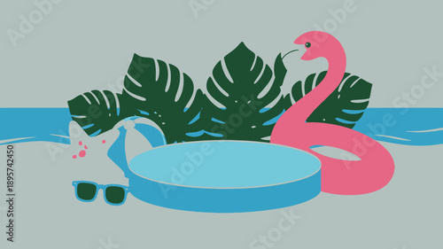Summer podium display, pink flamingo float, beach ball, tropical leaves, sunglasses, water waves, vacation graphic