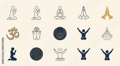 Yoga Meditation Symbols and Icons Set.