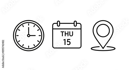 Clock, Calendar, Location Icon Set