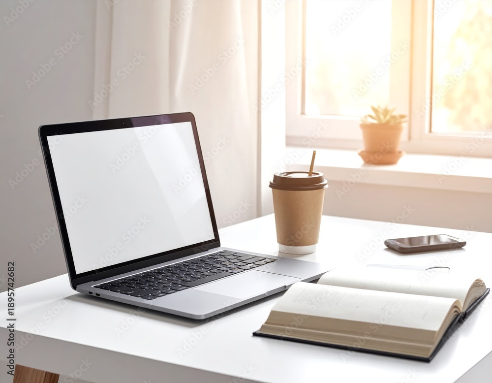 Fototapeta premium A laptop, a book, and a coffee cup are arranged on a desk near a window with sunlight streaming in.