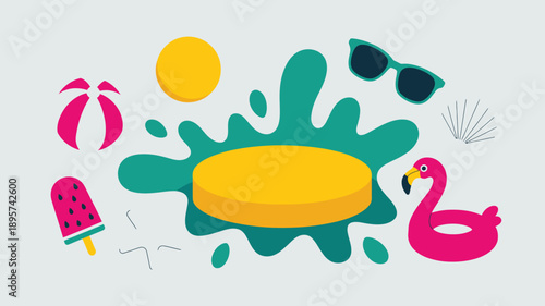 Summer product display podium with beach ball, flamingo float, sunglasses, and watermelon popsicle splash
