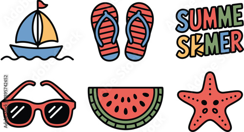Summer season outline vector icons set, beach vacation elements, sailboat, flip flops, sunglasses, watermelon slice, starfish