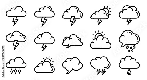 Weather forecast icons set. Cloud and lightning symbols.