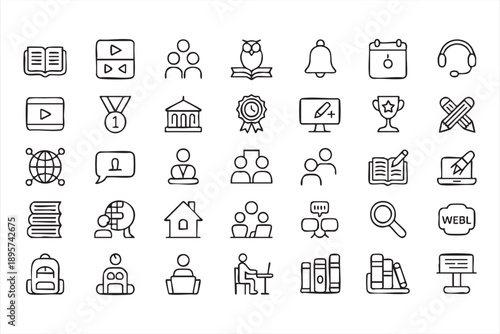 Education technology outline icons for training and study platforms