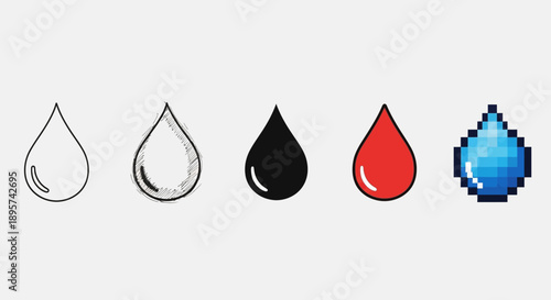 Water Drop Icon Set: Line, Sketch, Solid, Pixel