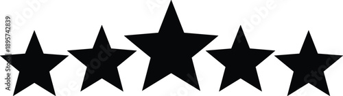 Five black stars in horizontal alignment, central star largest, representing rating, recognition, and decorative design, vector illustration