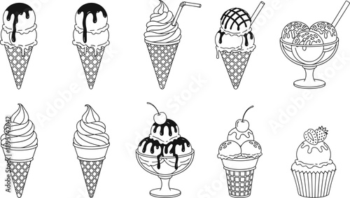 Hand drawn ice cream dessert collection with cones cups and scoops in black and white vector style illustration
