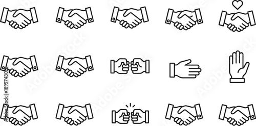 Handshake and gesture line icon set showing agreement partnership greeting support teamwork vector illustration isolated