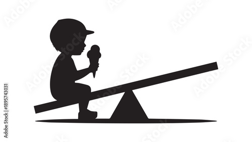 Silhouette of a child enjoying ice cream on a seesaw. Minimalist black and white design depicting carefree childhood play and sweet summer fun