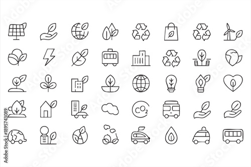 Sustainability and eco line icons for green energy and environment design