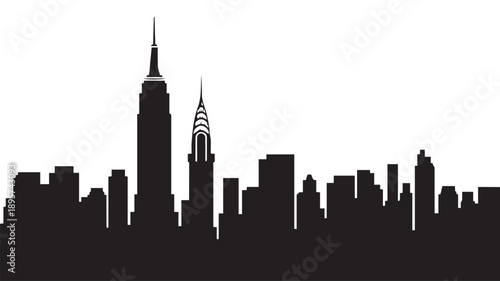 Minimalist black and white silhouette illustration of a grand metropolitan skyline with towering architectural marvels, ideal for clean and modern graphic design projects
