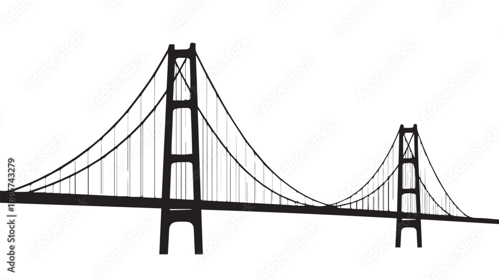 Fototapeta premium A minimalist black and white silhouette illustration of a majestic suspension bridge, iconic for its impressive structure and elegant design, symbolizing connection and engineering marvel