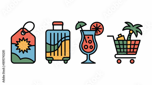 Summer travel vacation planning concept, tropical holiday trip elements, colorful flat design illustration icons