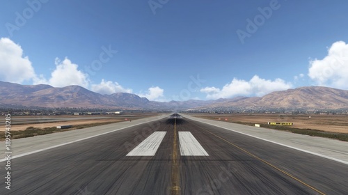 Airplane landing runway desert mountains sunny day