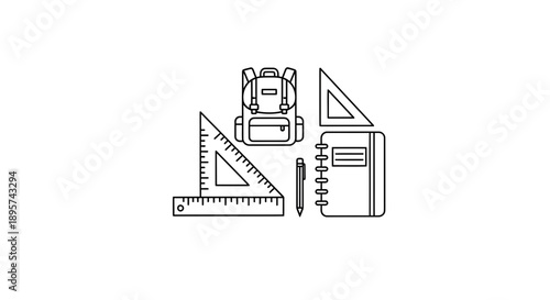 Back to School Supplies: Backpack, Notebook, Ruler, Set Square, Pen - Line Art