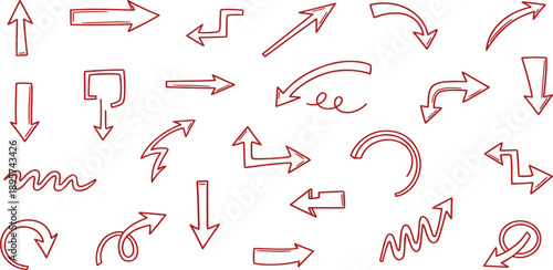 Various red arrows and symbols pointing in different directions scattered randomly across a plain white background from a straightforward viewpoint
