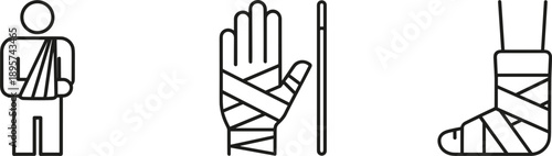 Medical injury line icons set showing bandaged arm hand leg cast and rehabilitation crutch symbols healthcare vector illustration