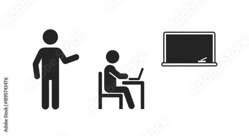 Teacher instructing student with laptop near blackboard, education concept