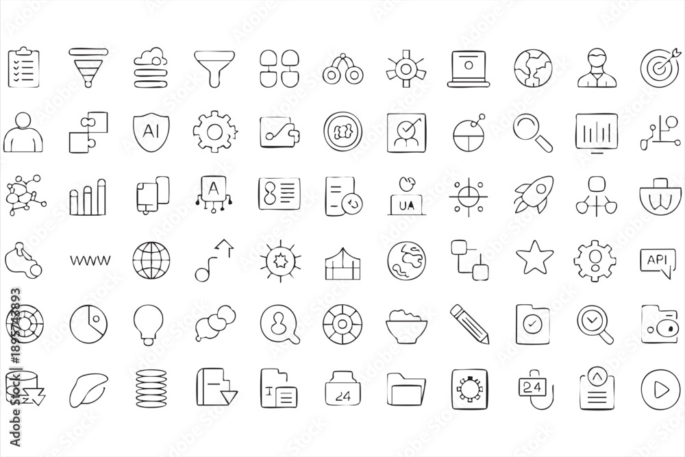 Fototapeta premium Business workflow and technology outline icons for dashboards
