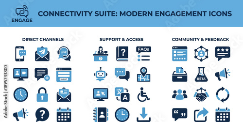 Connectivity and Customer Engagement UI Icons for Communication, Support and Community Systems