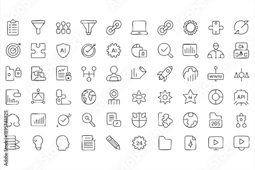 Black and white business analytics outline icons for digital platforms