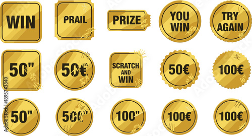 Collection of golden ticket and scratch cards with win and prize labels on a grid layout