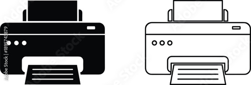 Printer device icon set with solid and outline styles office equipment printing technology vector illustration isolated