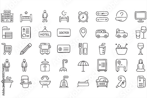 Hotel service and tourism outline icons in minimal style