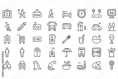 Hotel room and guest service line icons for digital products