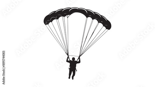 A striking black and white silhouette illustration of a skydiver descending with an open parachute, embodying freedom and adventurous spirit in extreme sports
